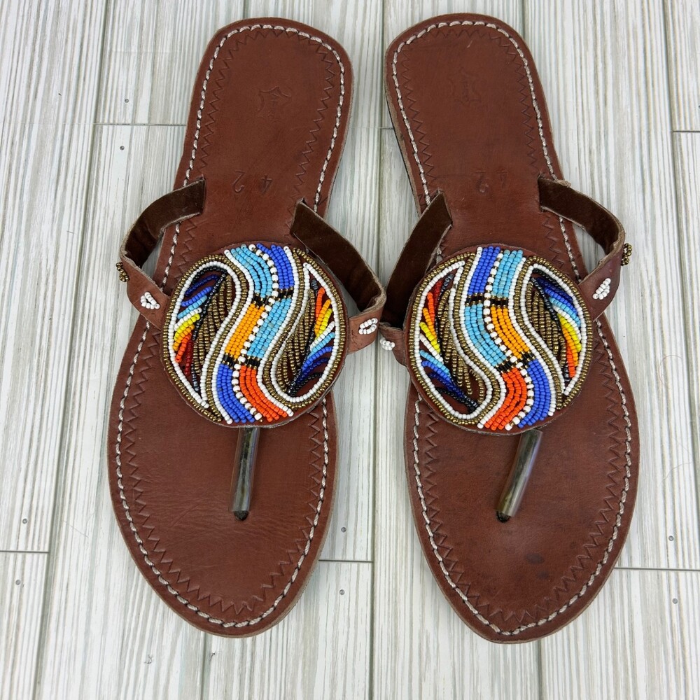 Leather Flip Flops Multi Color Beaded Medallion Seed Beads Women's Size 42 US 11